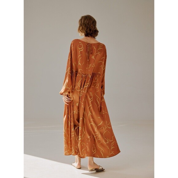 NAP Abstract Maxi Dress Empire Waist Long Sleeves Rust, Size L NWT - Picture 3 of 16